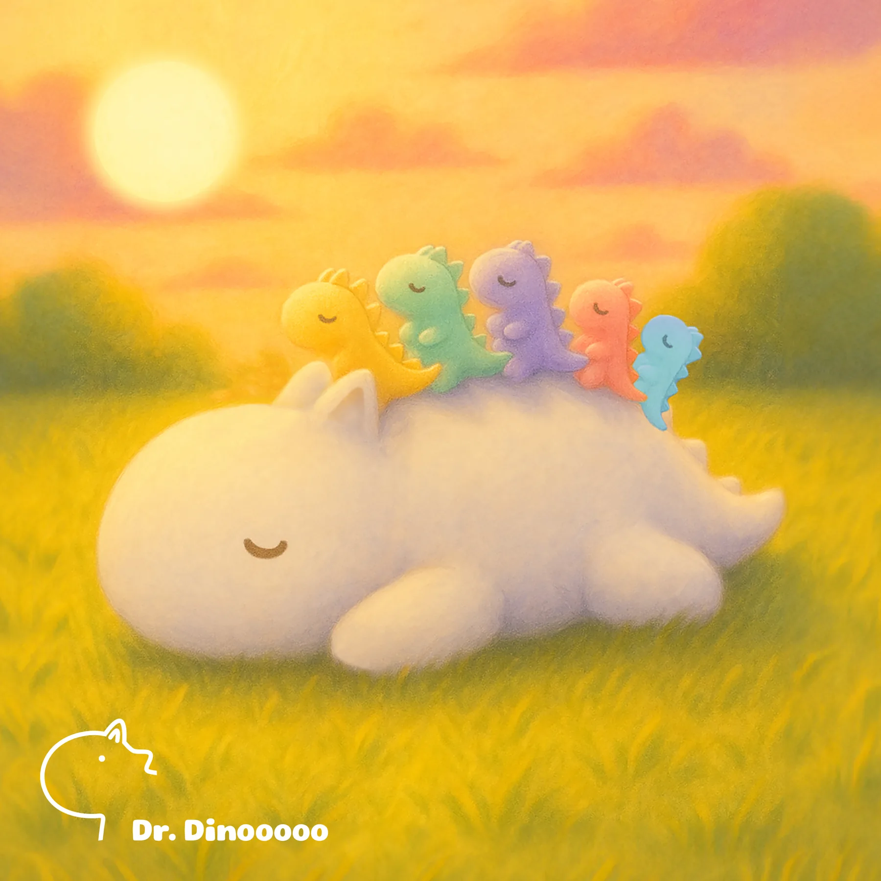《暮棲》：Dino 在暮色草地休息，伙伴靠在背上