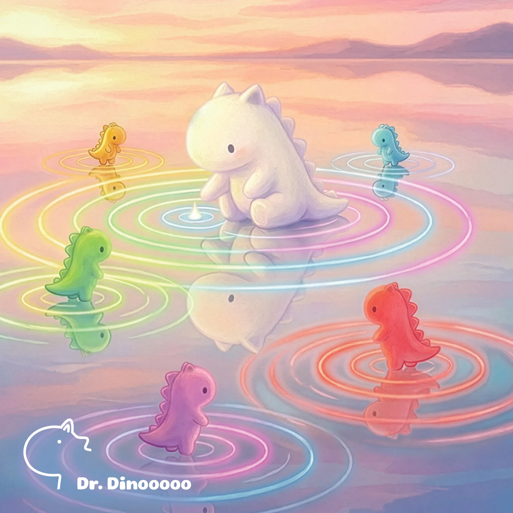 《迴瀾》：Dino 坐在水面光圈上，伙伴站在水紋裏