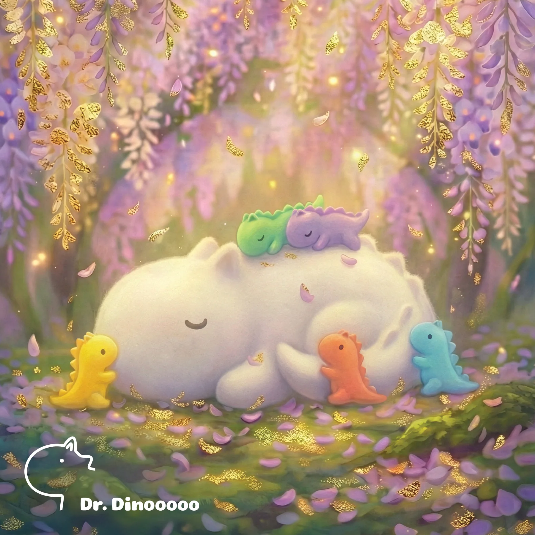 《花隱》：Dino 在紫藤花下休息，伙伴靠在身旁